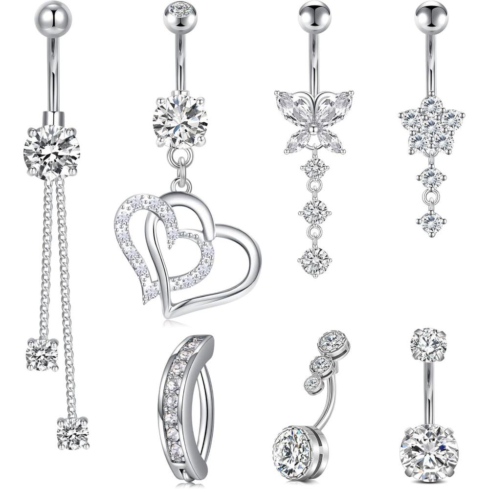 imageMayhoop 14G Belly Button Rings 316L Surgical Stainless Steel Dangle Clicker Belly Ring Dangling Piercing Jewelry With Heart Flower Butterfly Silver Gold Tone For Women7Pcssilver