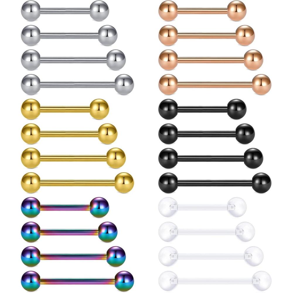 imageMayhoop 14G Stainless Steel Nipple Rings Tongue Rings Straight Barbell Bars Piercing 12mm 14mm 16mm 18mm in Length for Women Men24pcs different colors