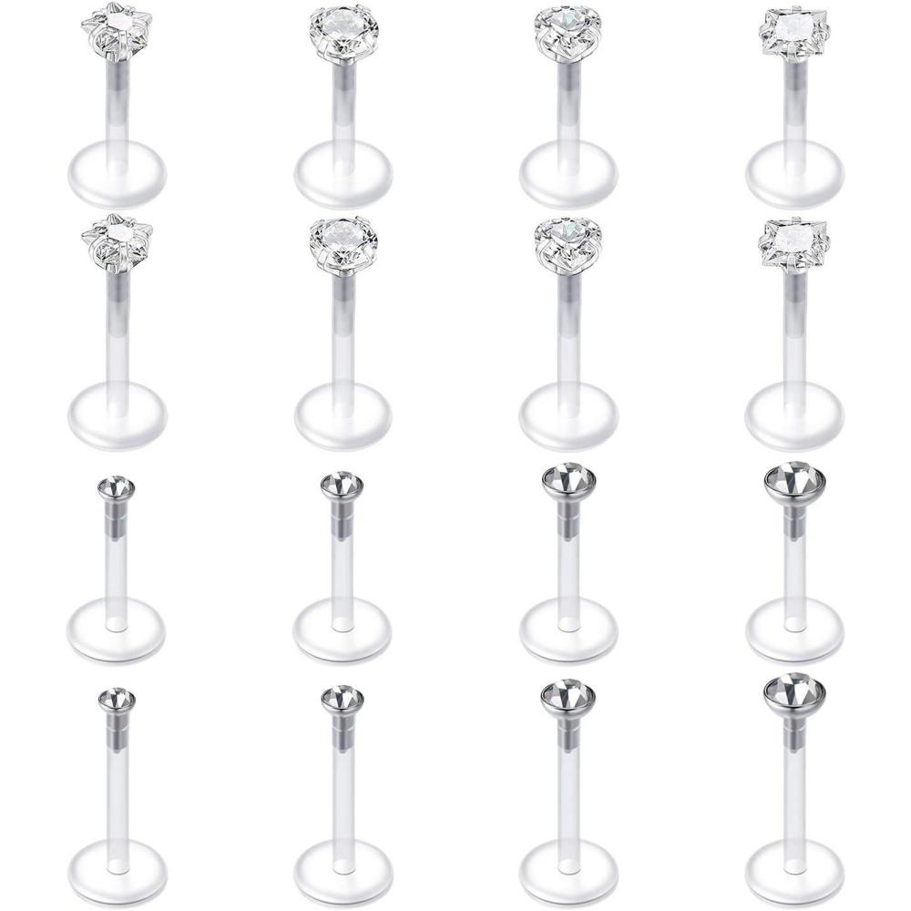 imageMayhoop 16G 16Pcs Tragus Earrings Lip Rings Labret Studs Jeweled Cartilage Helix Earrings Flexible Clear Bar Medusa Piercing Retainer 6mm 8mm for Women Men36mm14 8mm516 Bar