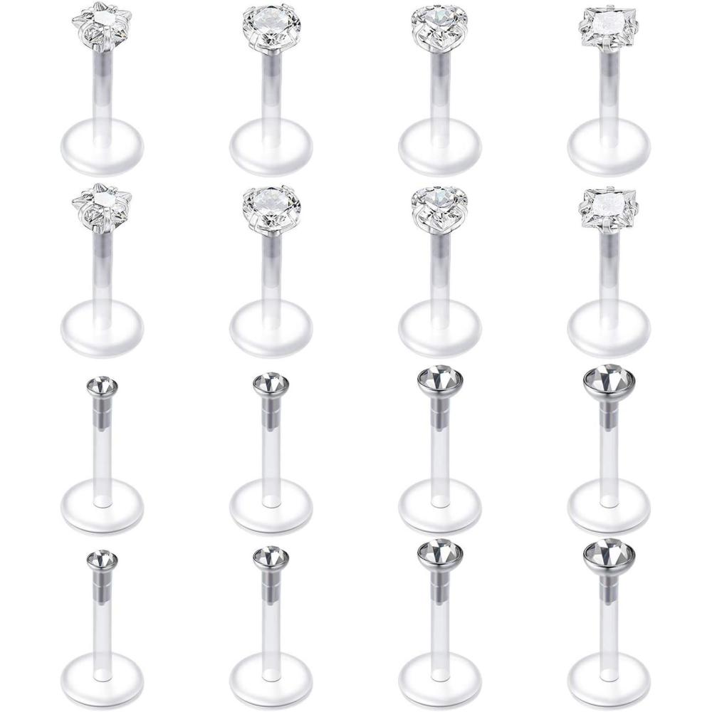 imageMayhoop 16G 16Pcs Tragus Earrings Lip Rings Labret Studs Jeweled Cartilage Helix Earrings Flexible Clear Bar Medusa Piercing Retainer 6mm 8mm for Women Men16mm14 Bar