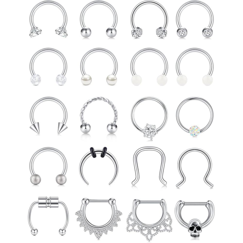 imageMayhoop 16G 20Pcs Surgical Steel Nose Rings Septum Rings Captive Bead Rings Horseshoe Piercing Jewelry Cartilage Helix Daith Tragus Earring Hoop Lip Hinged Seamless Nose Hoop Ring for Women MenSilver