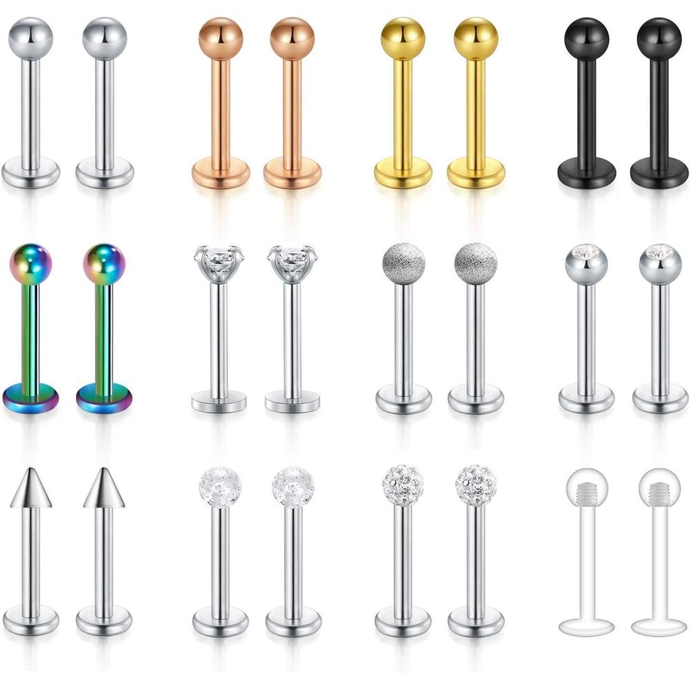 imageMayhoop 16G 24Pcs Stainless Steel Labret Studs Lip Rings Retainer Cartilage Tragus Helix Earring Barbell Medusa Piercing Jewelry with Clear Diamond CZ 8mm Bar Length for Women Men1Silver