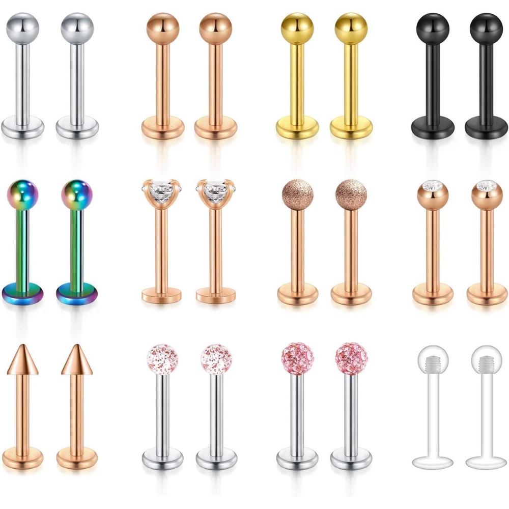 imageMayhoop 16G 24Pcs Stainless Steel Labret Studs Lip Rings Retainer Cartilage Tragus Helix Earring Barbell Medusa Piercing Jewelry with Clear Diamond CZ 8mm Bar Length for Women Men2Rose gold