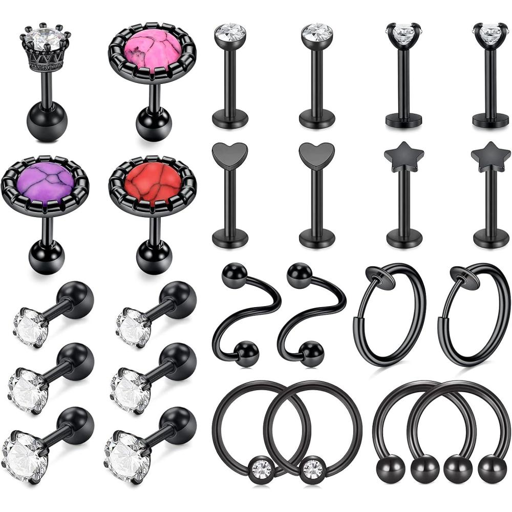 imageMayhoop 16g Cartilage Earrings  Men Women Surgical Stainless Steel Tragus Piercing Jewelry Stud Hoop Forward Helix Rook Daith Conch EarringsBlack