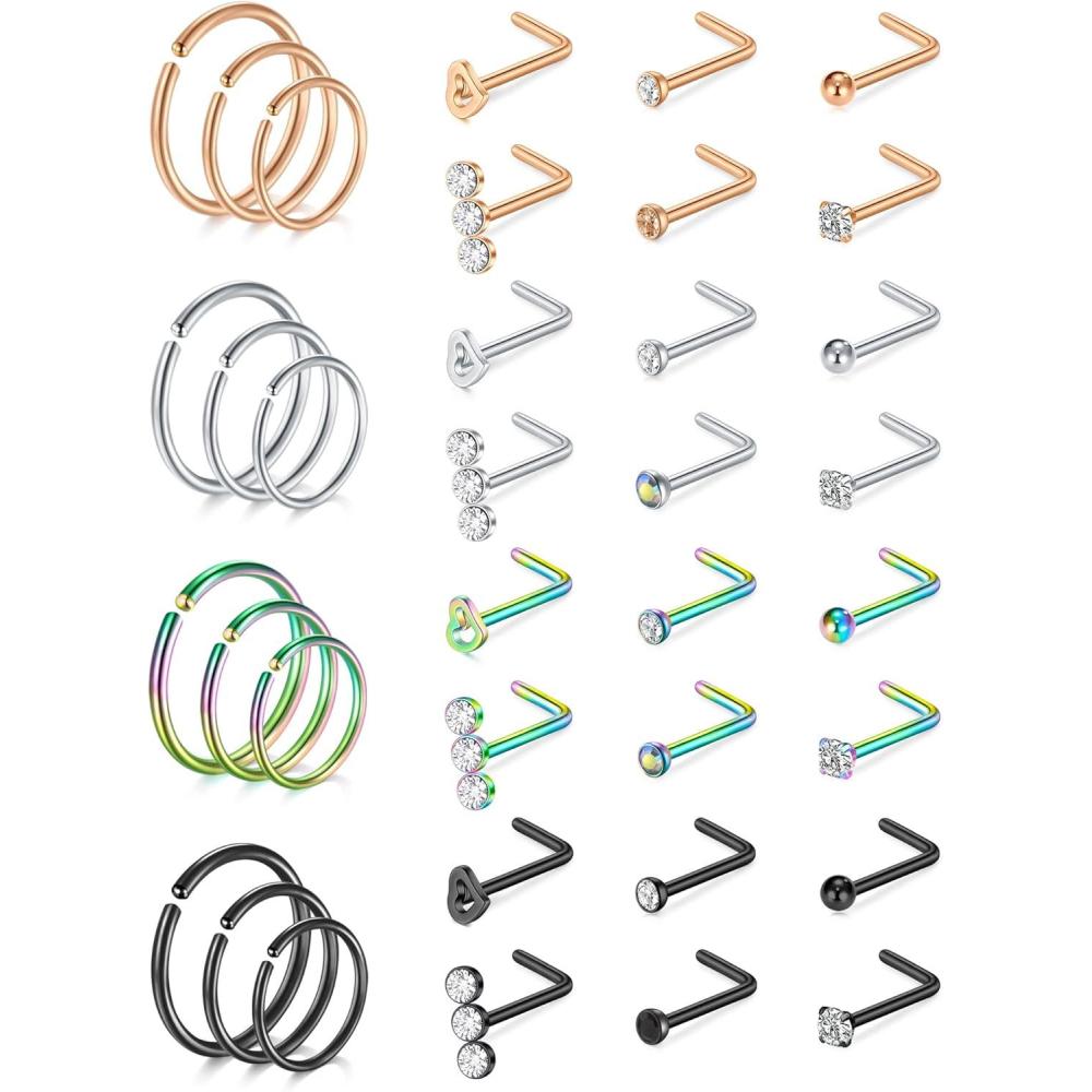 imageMayhoop 18g Stainless Steel Nose Rings Hoop L Shape Nose Studs Nose Screw Bone Silver Rose Gold Black Rainbow Pack for Women MenMix