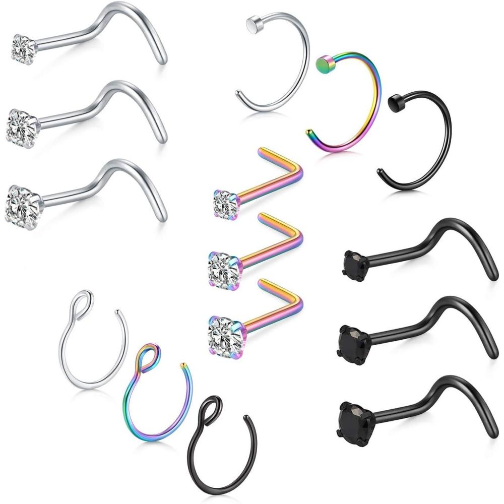 imageMayhoop 18g Stainless Steel Nose Rings Hoop L Shape Nose Studs Nose Screw Bone Silver Rose Gold Black Rainbow Pack for Women MenStyle ASilvermulticolorBlack