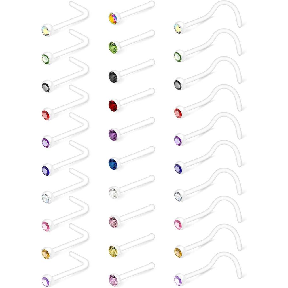 imageMayhoop 20G 30Pcs Bioflex Clear Nose Rings Retainer Nose Piercing Retainer Mix Color CZ Body Jewelry Piercing for Women Men1Style A