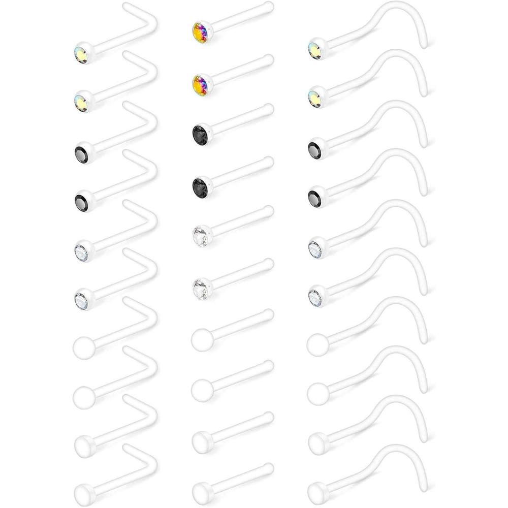 imageMayhoop 20G 30Pcs Bioflex Clear Nose Rings Retainer Nose Piercing Retainer Mix Color CZ Body Jewelry Piercing for Women Men2Style B