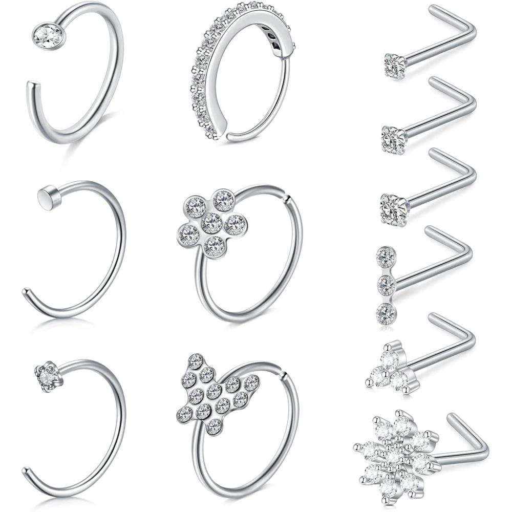 imageMayhoop 20G Gold Nose Ring 316L Surgical Stainless Steel L Shaped Nose Piercing Stud Jewelry Hypoallergenic Piercings Hoop Jewelry For Women Men20GSilver12Pcs