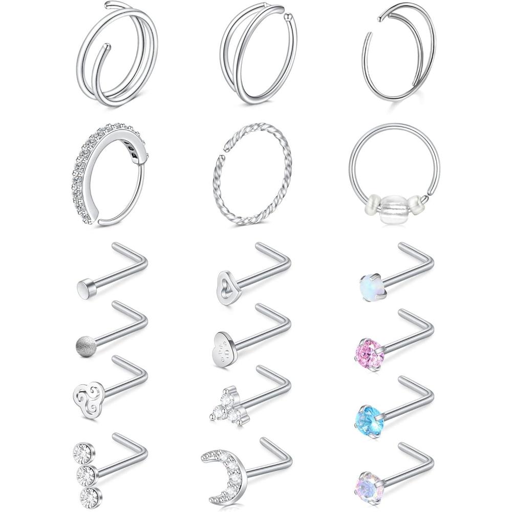 imageMayhoop 20G Gold Nose Ring 316L Surgical Stainless Steel L Shaped Nose Piercing Stud Jewelry Hypoallergenic Piercings Hoop Jewelry For Women MenSilver