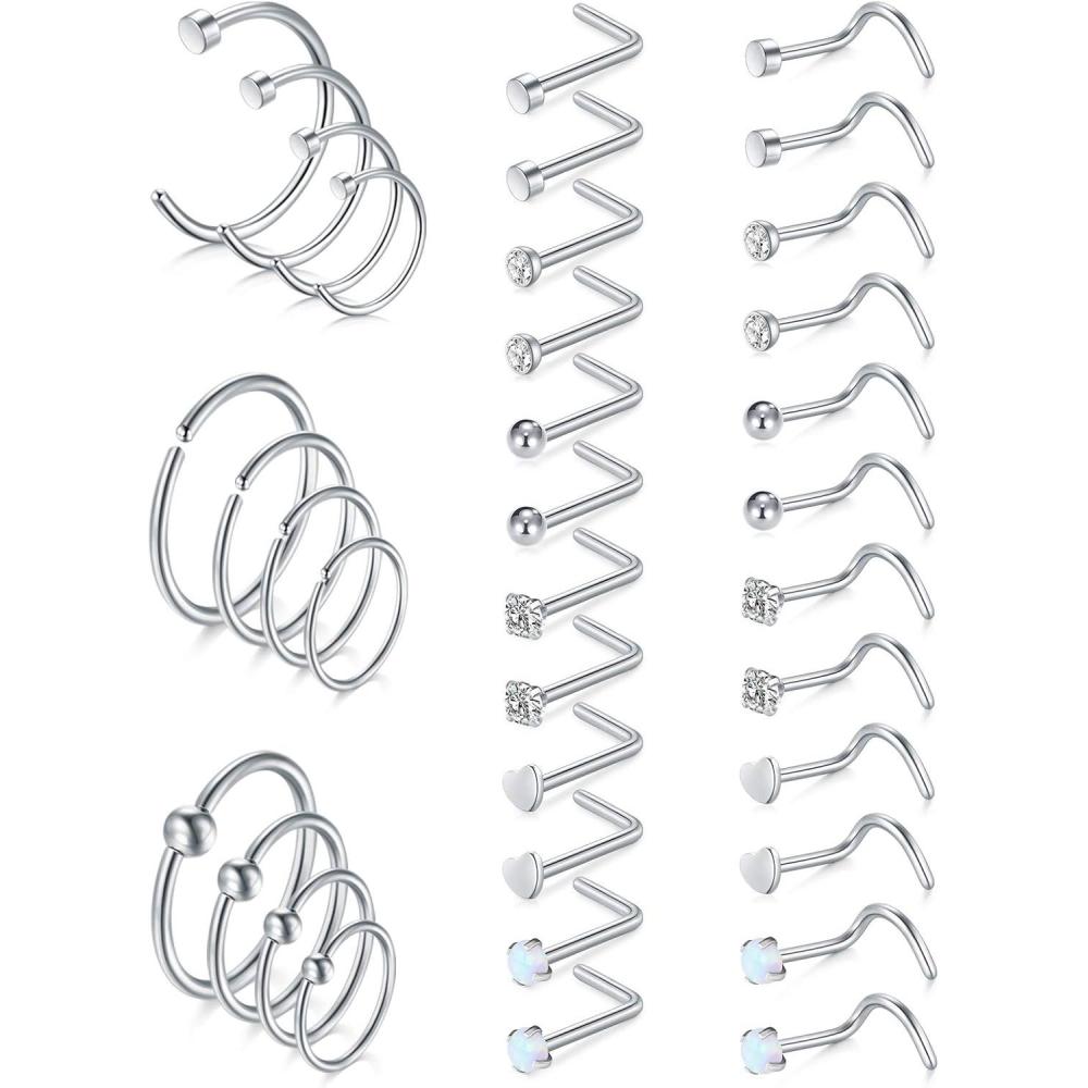 imageMayhoop 20G Gold Nose Ring 316L Surgical Stainless Steel L Shaped Nose Piercing Stud Jewelry Hypoallergenic Piercings Hoop Jewelry For Women MenStyle A2Silver