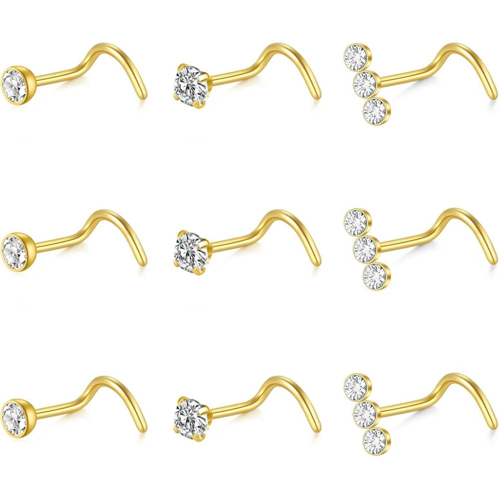 imageMayhoop 20G Nose Rings Studs 316L Surgical Stainless Steel L Shape Bone Diamond Heart Corkscrew Nose Ring Nostril Piercing Jewelry For Women MenScrewGoldA