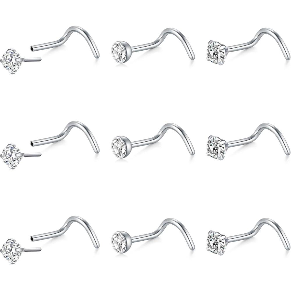 imageMayhoop 20G Nose Rings Studs 316L Surgical Stainless Steel L Shape Bone Diamond Heart Corkscrew Nose Ring Nostril Piercing Jewelry For Women MenScrewSilverC