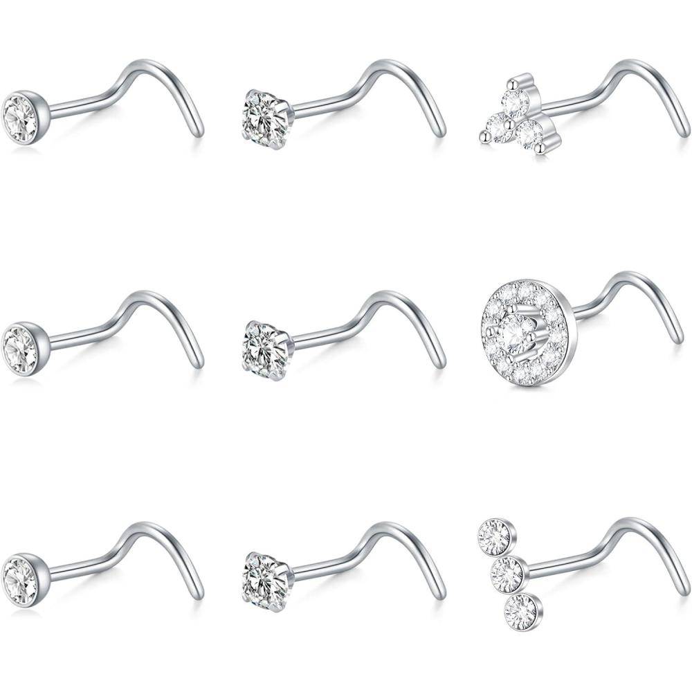 imageMayhoop 20G Nose Rings Studs 316L Surgical Stainless Steel L Shape Bone Diamond Heart Corkscrew Nose Ring Nostril Piercing Jewelry For Women MenScrewSilverA