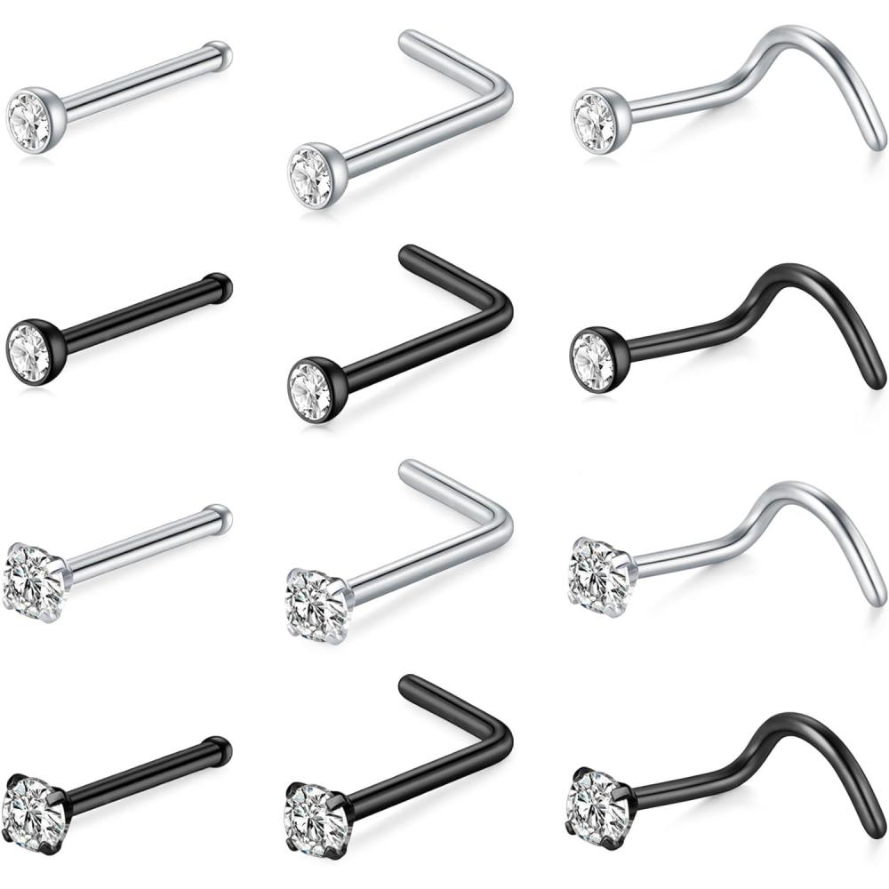 imageMayhoop 20G Stainless Steel Nose Rings Nose Studs L Shape Nose Rings Studs Nose Screw Bone Diamond Corkscrew Nose Ring Nostril Nose Piercing Jewelry12Pcssilverblack