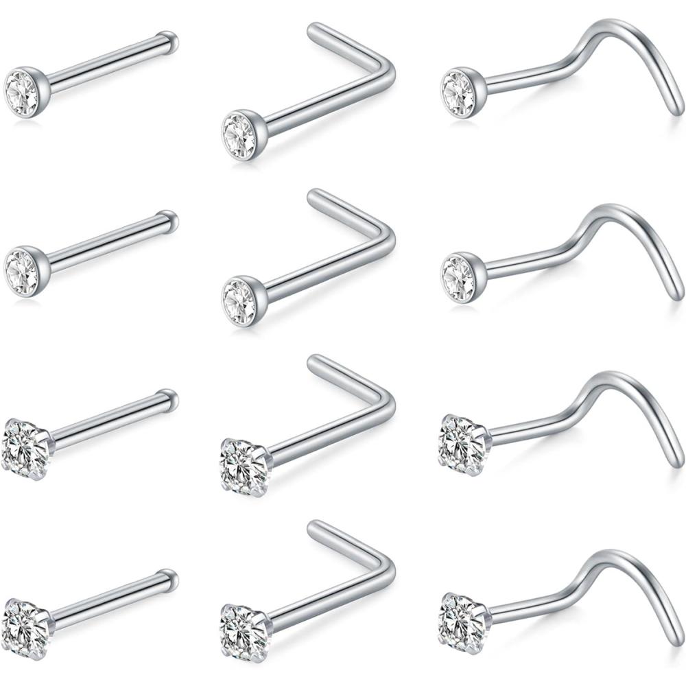 imageMayhoop 20G Stainless Steel Nose Rings Nose Studs L Shape Nose Rings Studs Nose Screw Bone Diamond Corkscrew Nose Ring Nostril Nose Piercing Jewelry12pcssilver