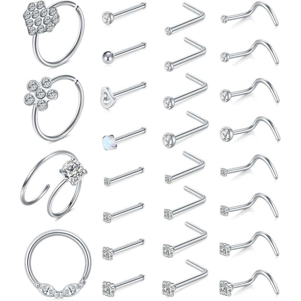 imageMayhoop 20G Stainless Steel Nose Rings Nose Studs L Shape Nose Rings Studs Nose Screw Bone Diamond Corkscrew Nose Ring Nostril Nose Piercing Jewelry28Pcssilver