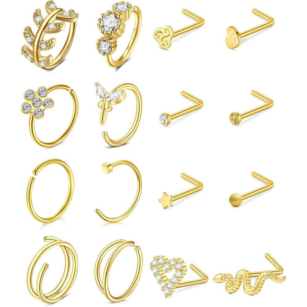 imageMayhoop 20G Stainless Steel Nose Rings Nose Studs L Shape Nose Rings Studs Nose Screw Bone Diamond Heart Corkscrew Nose Ring Nostril Nose Piercing Jewelry For Women Men