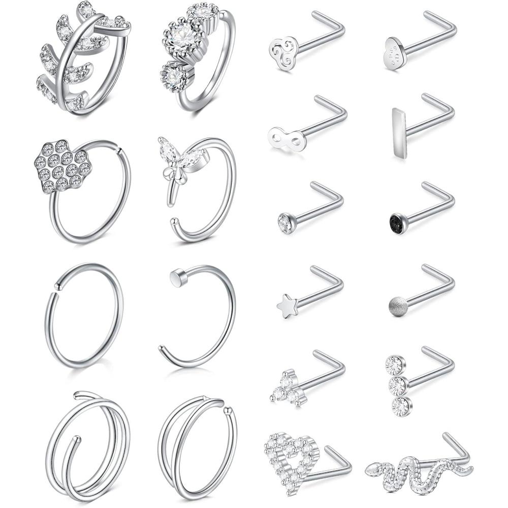 imageMayhoop 20G Stainless Steel Nose Rings Studs  L Shape Bone Heart Corkscrew  Nose Piercing Jewelry for Women ampamp Men