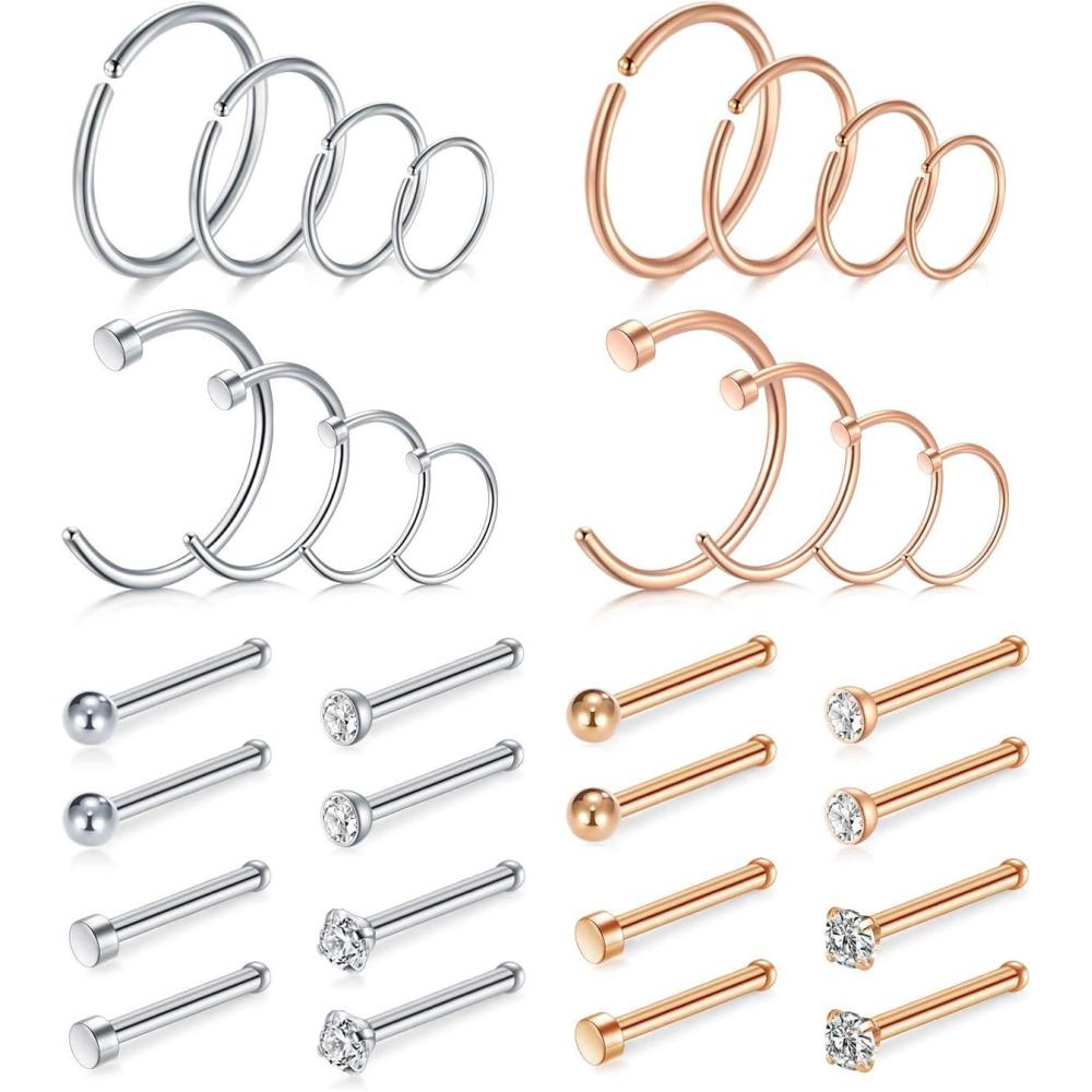imageMayhoop 20g Nose Rings Hoops And Studs For Women Men Hypoallergenic 316L Surgical Stainless Steel L Shape Nose Screw Bone Silver Rose Gold Black Rainbow Pack 28PcsNose BoneSilverRose gold