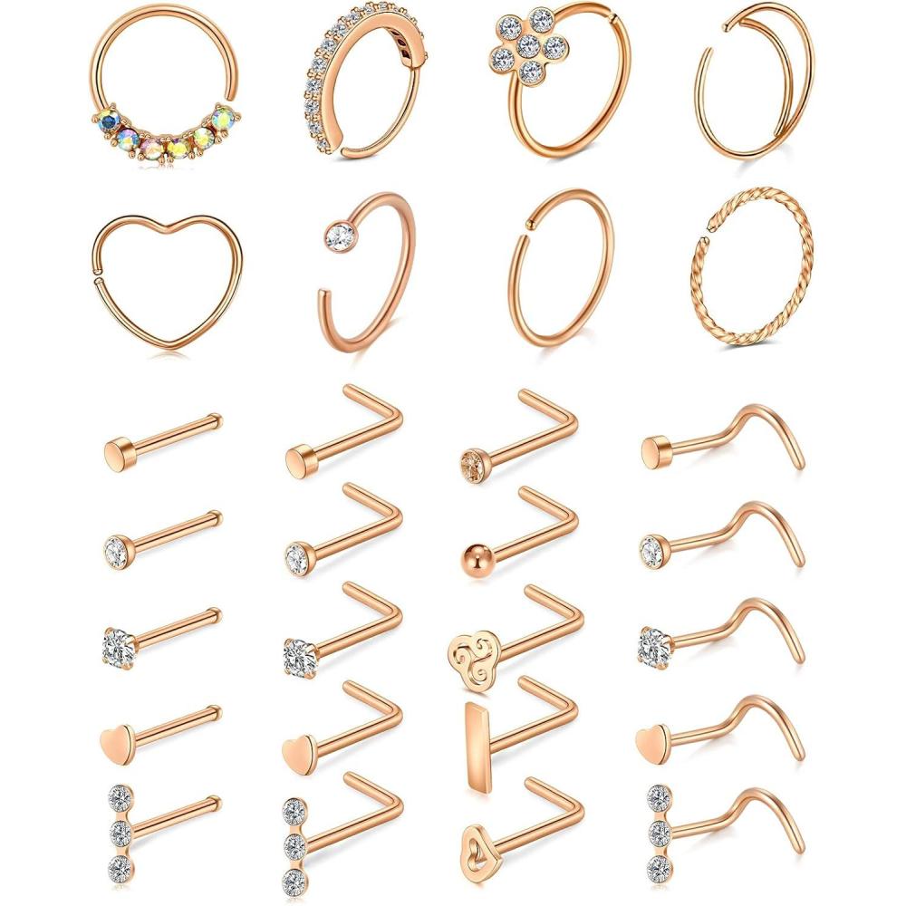 imageMayhoop 20g Nose Rings Hoops And Studs For Women Men Hypoallergenic 316L Surgical Stainless Steel L Shape Nose Screw Bone Silver Rose Gold Black Rainbow Pack 28Pcs3Rosegold