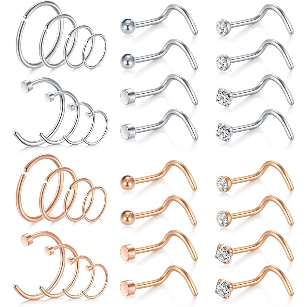 imageMayhoop 20g Nose Rings Hoops And Studs For Women Men  Hypoallergenic 316L Surgical Stainless Steel L Shape Nose Screw Bone Silver Rose Gold Black Rainbow Pack 28PcsNose screwSilverRose gold