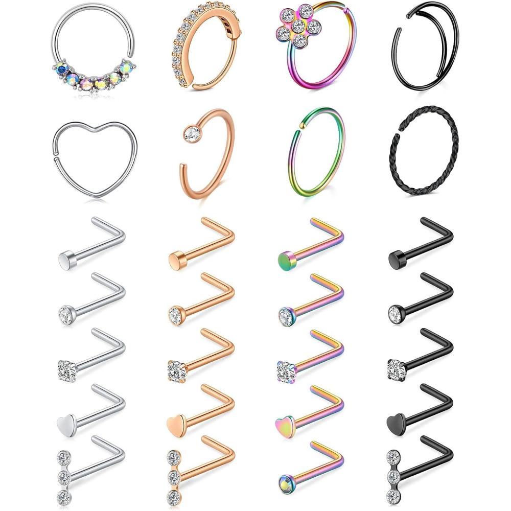 imageMayhoop 20g Nose Rings Hoops And Studs For Women Men Hypoallergenic 316L Surgical Stainless Steel L Shape Nose Screw Bone Silver Rose Gold Black Rainbow Pack 28Pcs4Mix