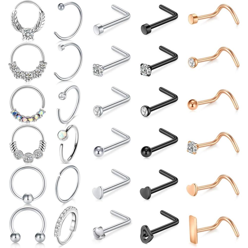 imageMayhoop 20g Nose Rings Hoops And Studs For Women Men  Hypoallergenic 316L Surgical Stainless Steel L Shape Nose Screw Bone Silver Rose Gold Black Rainbow Pack 28PcsStyle ASilverRose goldBlack