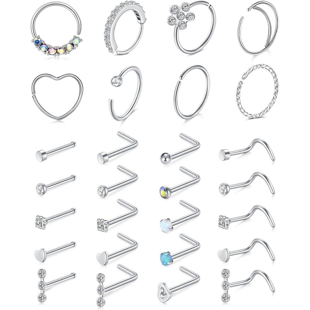 imageMayhoop 20g Nose Rings Hoops And Studs For Women Men Hypoallergenic 316L Surgical Stainless Steel L Shape Nose Screw Bone Silver Rose Gold Black Rainbow Pack 28Pcs2Silver