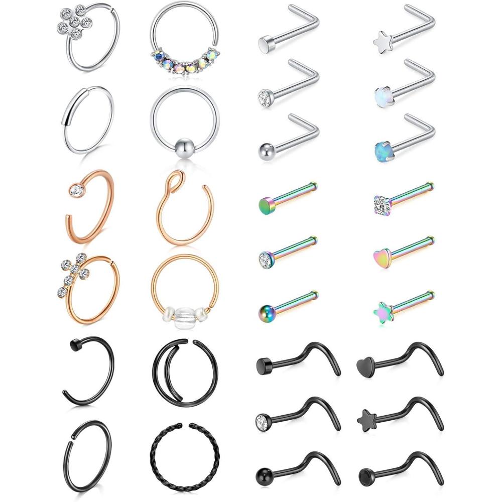 imageMayhoop 20g Nose Rings Hoops And Studs For Women Men Hypoallergenic 316L Surgical Stainless Steel L Shape Nose Screw Bone Silver Rose Gold Black Rainbow Pack 28Pcs30PcsSilverRose goldBlackRainbow