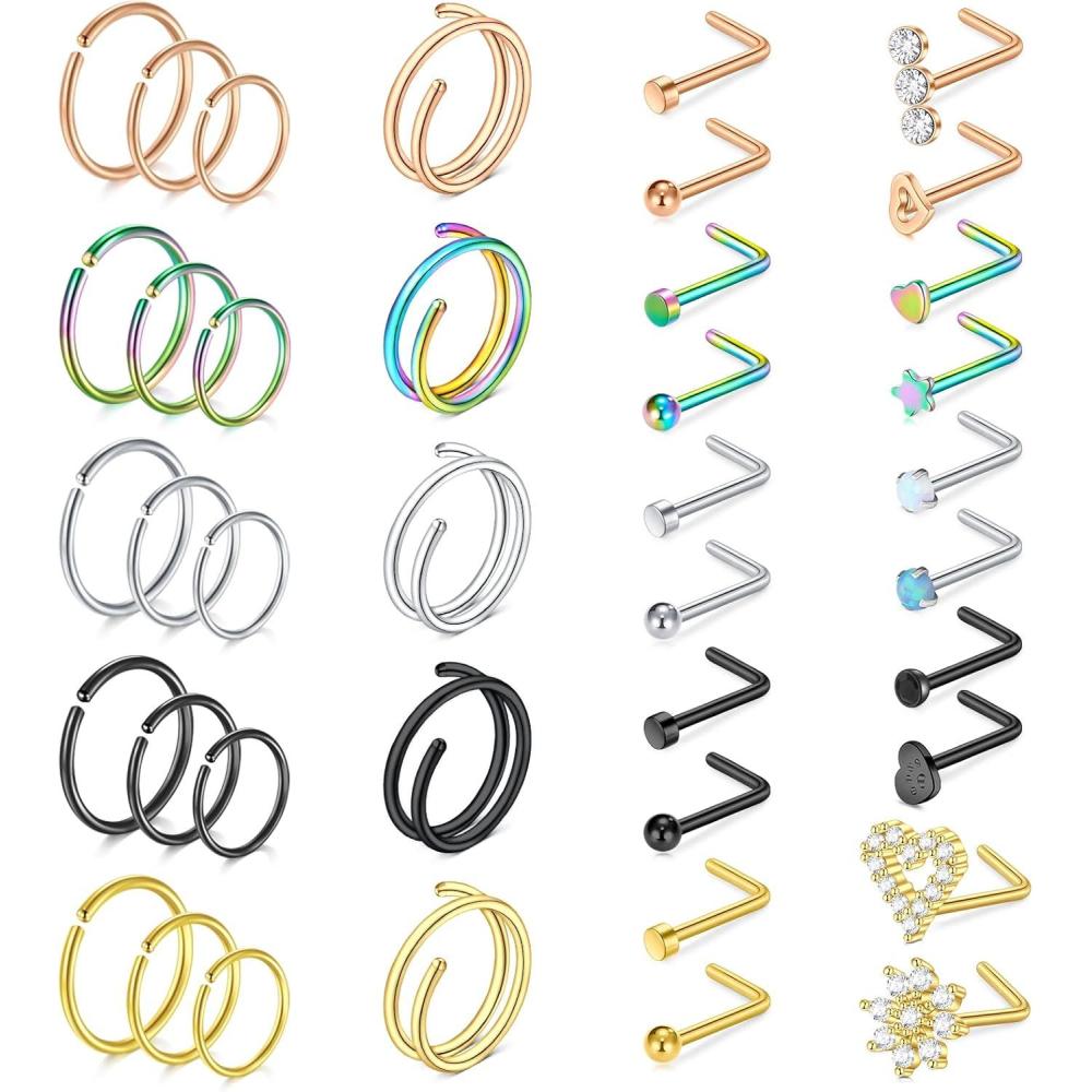 imageMayhoop 20g Nose Rings Hoops And Studs For Women Men Hypoallergenic 316L Surgical Stainless Steel L Shape Nose Screw Bone Silver Rose Gold Black Rainbow Pack 28PcsMix B