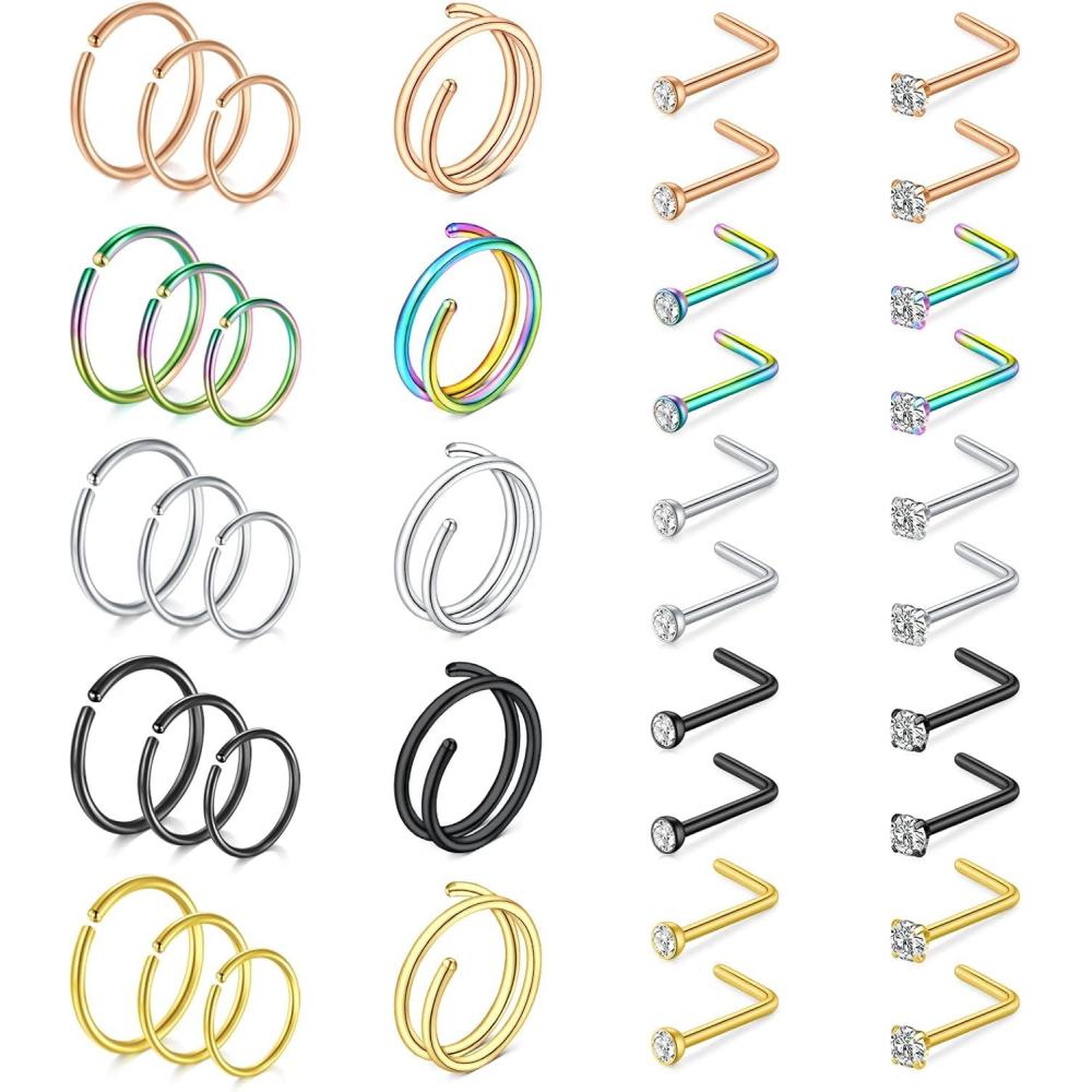 imageMayhoop 20g Nose Rings Hoops And Studs For Women Men Hypoallergenic 316L Surgical Stainless Steel L Shape Nose Screw Bone Silver Rose Gold Black Rainbow Pack 28PcsMix A