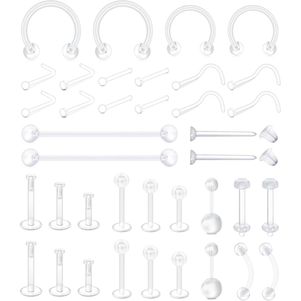 imageMayhoop 38pcs Clear Piercing Retainers for Surgery Bioflex Nose Rings Belly Rings Septum Eyebrow Lip Cartilage Tragus Earring Retainer Industrial Bar Plastic Piercing Jewelry for Work38PcsMix