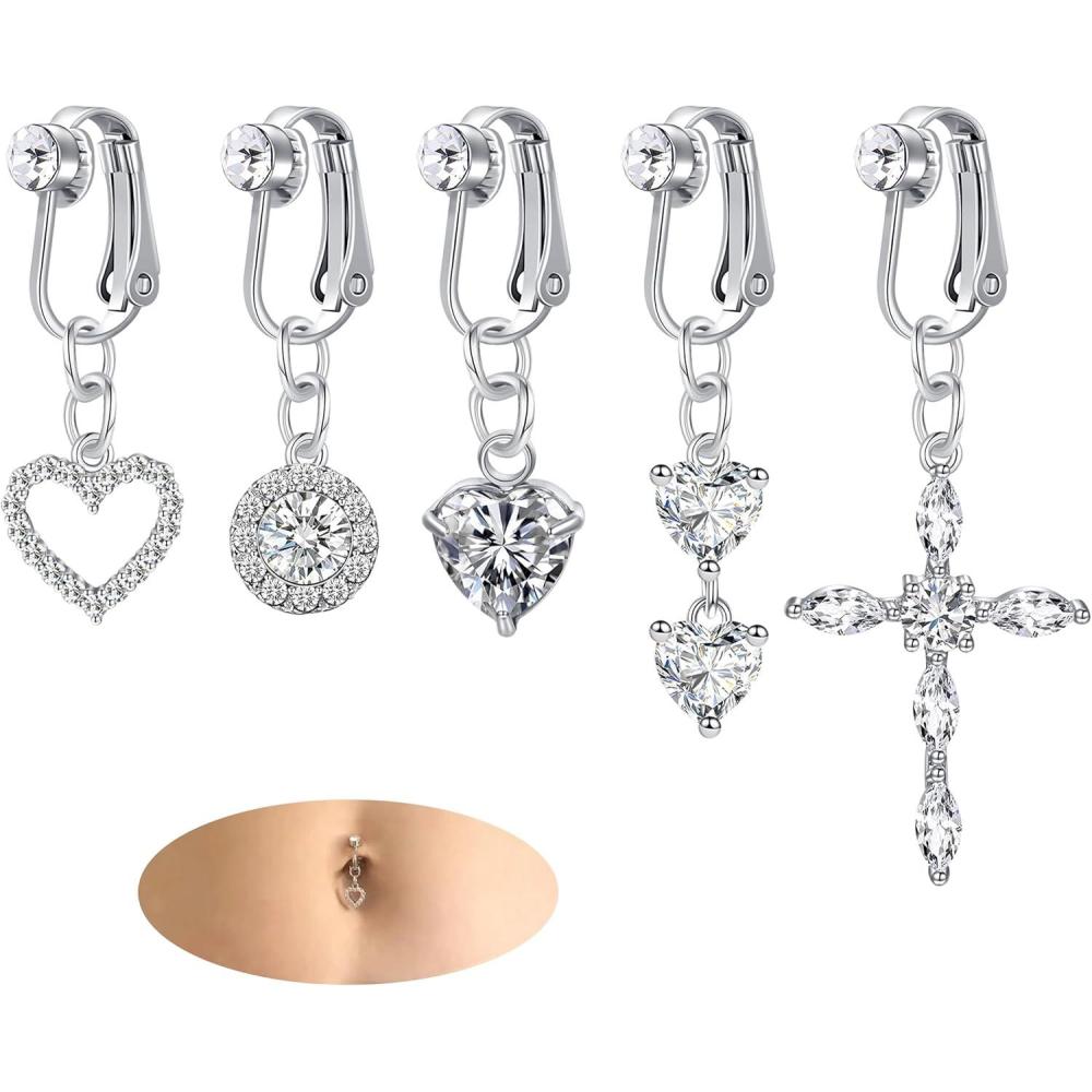 imageMayhoop Fake Belly Button Ring For Women 316L Surgical Stainless Steel Clip On Belly Button Rings Faux Body Piercing Jewelry Fake Navel Ring Diamond Heart Non Piercing Silver GoldSilver