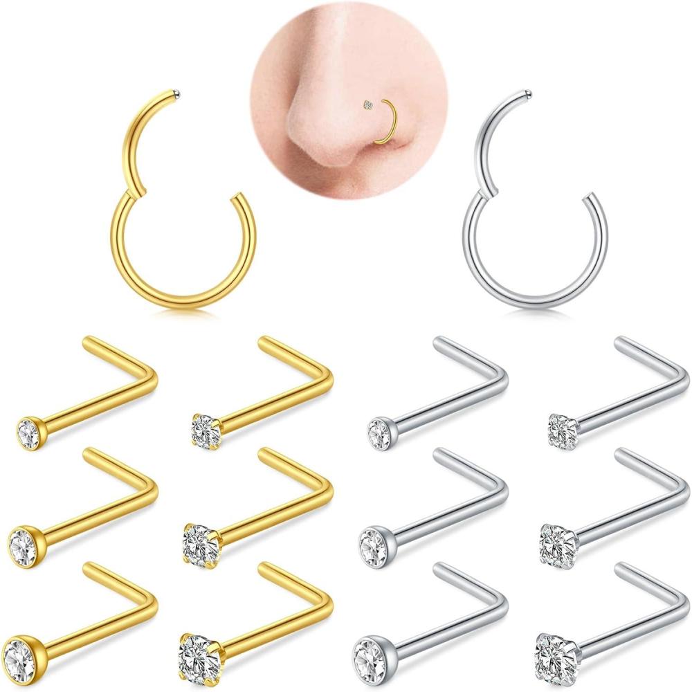imageMayhoop Nose Rings Hoops and Nose Rings Studs Sets for Women MenHypoallergenic 316L Surgical Steel Hinged Clicker Segment Helix Cartilage Daith Tragus Earrings Silver Gold L Shape Nose Studs Real Body Piercing Jewelry 18G 20GSilverGold 18G