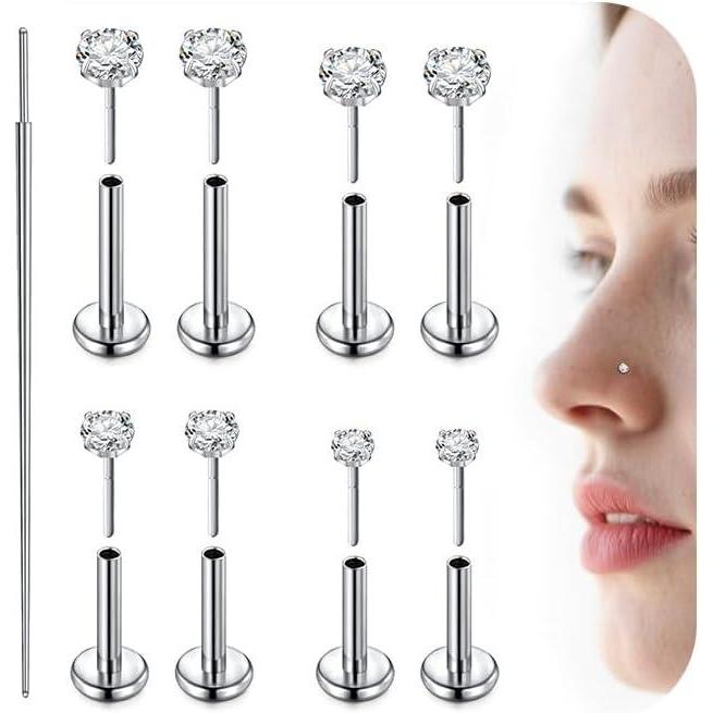 imageMayhoop Threadless Nose Stud Earrings G23 Titanium Push in Flat Back Nose Rings Helix Cartilage Tragus Lip Labret Conch Piercing Jewelry Hypoallergenic for Women Men 16G18G20G20G 67810mm