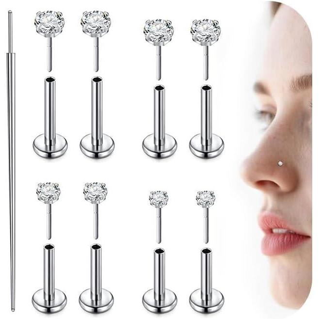 imageMayhoop Threadless Nose Stud Earrings G23 Titanium Push in Flat Back Nose Rings Helix Cartilage Tragus Lip Labret Conch Piercing Jewelry Hypoallergenic for Women Men 16G18G20G18G 67810mm