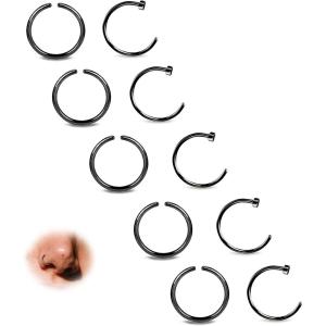 BodyBonita 10Pcs Nose Rings Hoops – 316L 22G 20G 18G Septum Rings Bendable Cartilage Earrings for Women Conch Piercing Jewelry Helix Rook Tragus Daith Snug Belly Button Ring 8 mm 10 mm(Black)