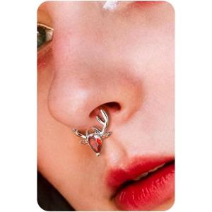 BodyBonita 16G Christmas Septum Rings Jewelry – 316 Surgical Steel Deer CZ Nose Rings Hoops Clicker for Women Daith Piercing Jewelry Conch Tragus Helix Cartilage Earring 14K Gold Plated/Silver 10 mm(Red CZ  Silver 16G(1.2mm)10mm)