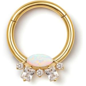 BodyBonita 16G Opal Septum Rings CZ, 316L Surgical Steel Septum Jewelry, Nose Rings Hoops Clicker, Helix Tragus Rook Daith Piercings for Women Men Silver/Gold 8 mm(Gold-CZ Opal)