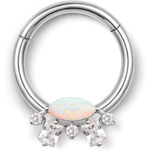 BodyBonita 16G Opal Septum Rings CZ, 316L Surgical Steel Septum Jewelry, Nose Rings Hoops Clicker, Helix Tragus Rook Daith Piercings for Women Men Silver/Gold 8 mm(Silver-CZ Opal)