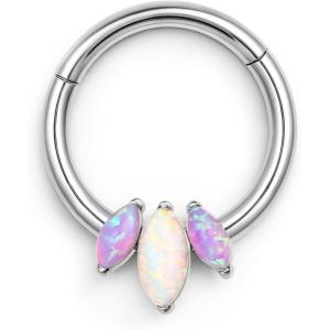 BodyBonita 16G Opal Septum Rings CZ, 316L Surgical Steel Septum Jewelry, Nose Rings Hoops Clicker, Helix Tragus Rook Daith Piercings for Women Men Silver/Gold 8 mm(Silver-Purple Opal)