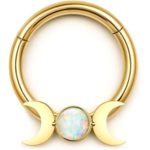 BodyBonita 16G Opal Septum Rings CZ, 316L Surgical Steel Septum Jewelry, Nose Rings Hoops Clicker, Helix Tragus Rook Daith Piercings for Women Men Silver/Gold 8 mm(Gold-Moon Opal)