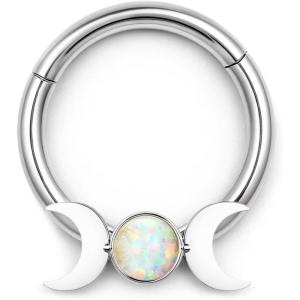 BodyBonita 16G Opal Septum Rings CZ, 316L Surgical Steel Septum Jewelry, Nose Rings Hoops Clicker, Helix Tragus Rook Daith Piercings for Women Men Silver/Gold 8 mm(Silver-Moon Opal)
