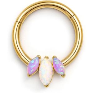 BodyBonita 16G Opal Septum Rings CZ, 316L Surgical Steel Septum Jewelry, Nose Rings Hoops Clicker, Helix Tragus Rook Daith Piercings for Women Men Silver/Gold 8 mm(Gold-Purple Opal)