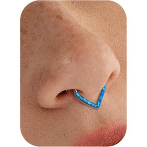 BodyBonita 16G Opal Teardrop Septum Rings – G23 Titanium Hinged Nose Rings Hoops Septum Clicker Jewelry Conch Daith Helix Piercing Cartilage Earring for Women Men Pink/Blue/White Opal 8mm 10mm(Blue Opal 16g Silver)