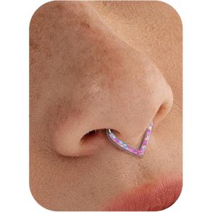 BodyBonita 16G Opal Teardrop Septum Rings – G23 Titanium Hinged Nose Rings Hoops Septum Clicker Jewelry Conch Daith Helix Piercing Cartilage Earring for Women Men Pink/Blue/White Opal 8mm 10mm(Pink Opal 16g Silver)