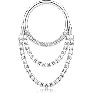 BodyBonita 16G Septum Rings Clicker 316L Stainless Steel Septum Nose Rings for Women Daith Earrings for Women Septum Jewelry Conch Daith Piercing Jewelry 14k Gold Plated/Silver 8mm 10mm(Radiant Clicker with Duo Chain-Gold/Silver)