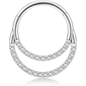 BodyBonita 16G Septum Rings Clicker 316L Stainless Steel Septum Nose Rings for Women Daith Earrings for Women Septum Jewelry Conch Daith Piercing Jewelry 14k Gold Plated/Silver 8mm 10mm(Radiant Crescent Layered-Silver)