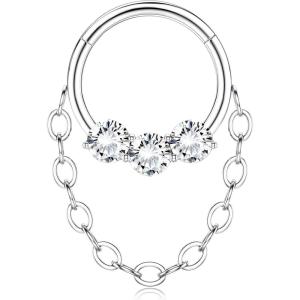 BodyBonita 16G Septum Rings Clicker 316L Stainless Steel Septum Nose Rings for Women Daith Earrings for Women Septum Jewelry Conch Daith Piercing Jewelry 14k Gold Plated/Silver 8mm 10mm(Radiant Clicker with Chain-Silver)